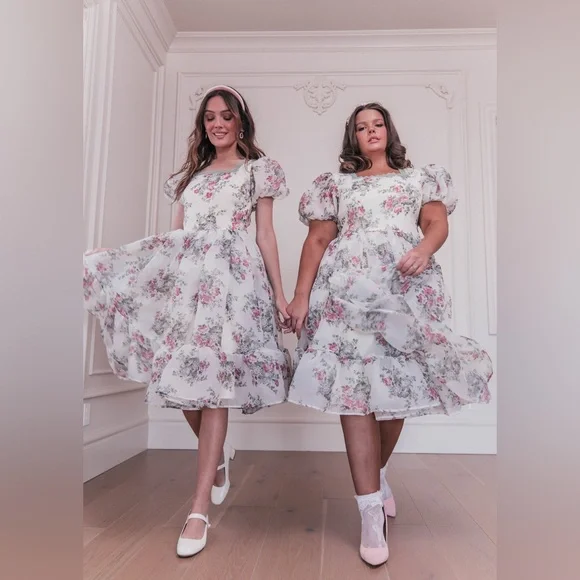 JessaKae Floral Puff Sleeve Dress - White and Pink - Picture 3 of 4